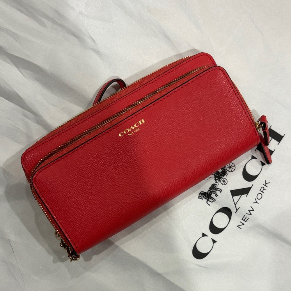 Coach Red Leather Zip-Around Crossbody Wallet with Gold Hardware